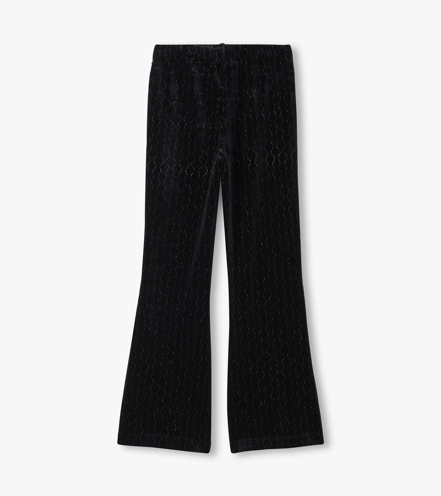 Black velour flared pants with a sparkle wave pattern, featuring an elastic waistband for comfort.