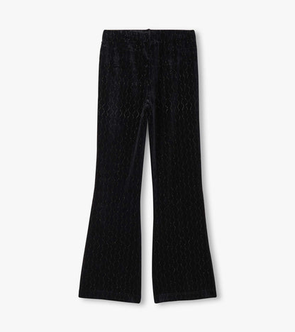 Black velour flared pants with a sparkle wave pattern, featuring an elastic waistband for comfort.
