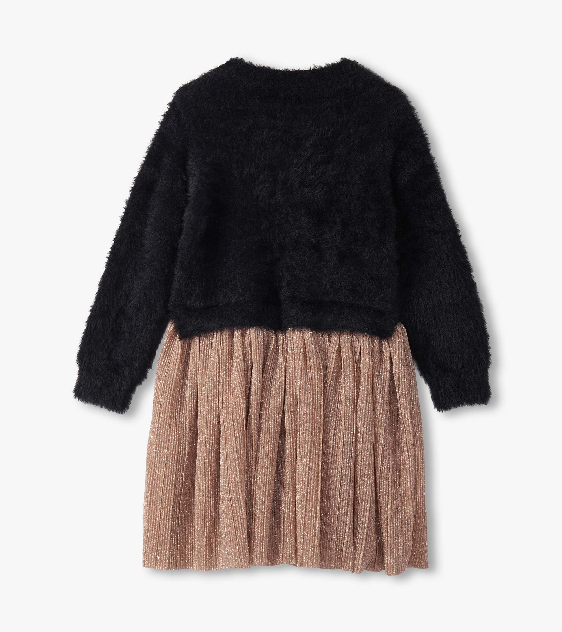 Black fuzzy top with long sleeves and a pleated, shimmery rose gold skirt. Back view of the dress.