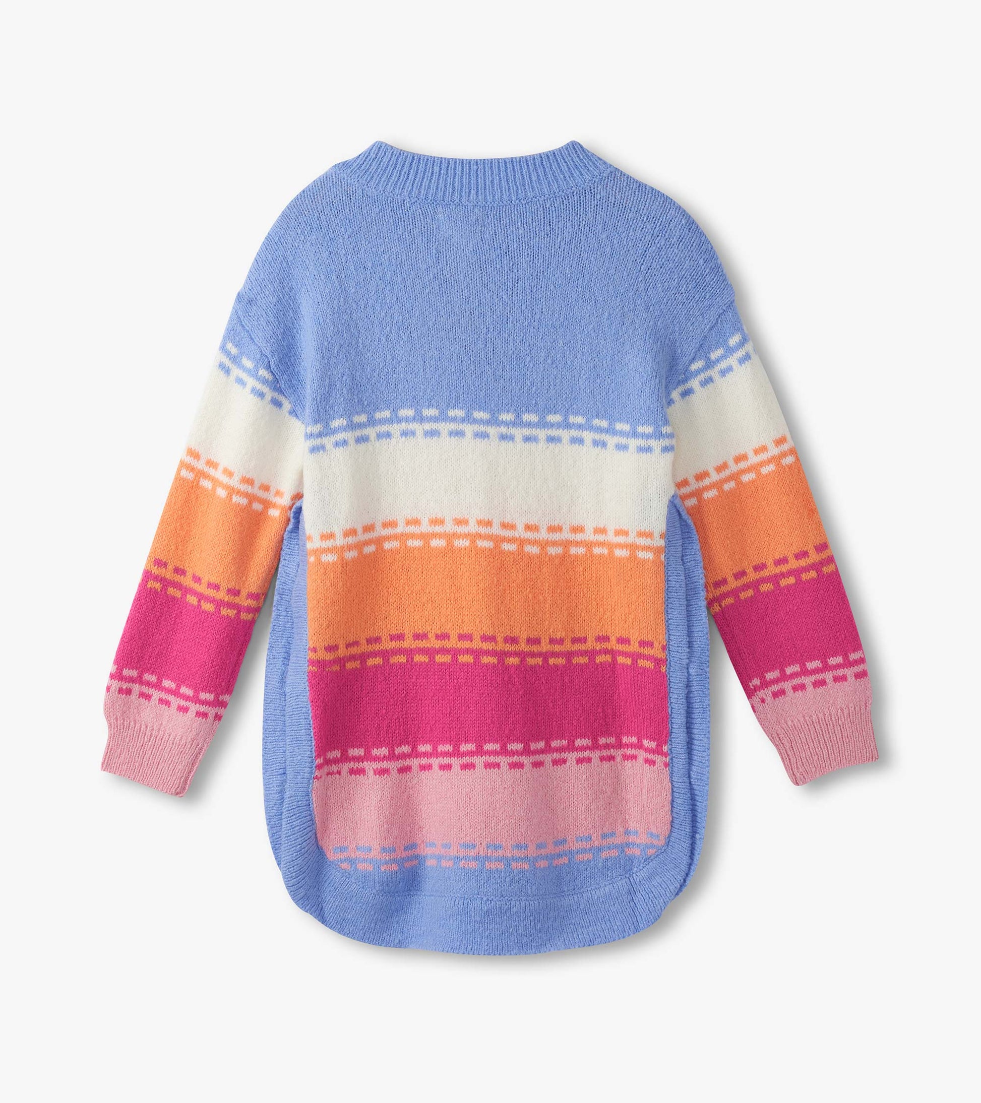 Chunky sweater tunic in blue with colorful horizontal stripes in pink, orange, and white; features a round neckline and side…