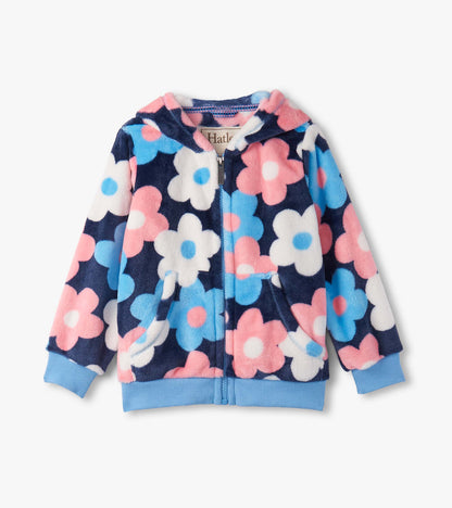 Navy fleece zip-up hoodie featuring large pink, blue, and white flowers, with a hood and front pockets.