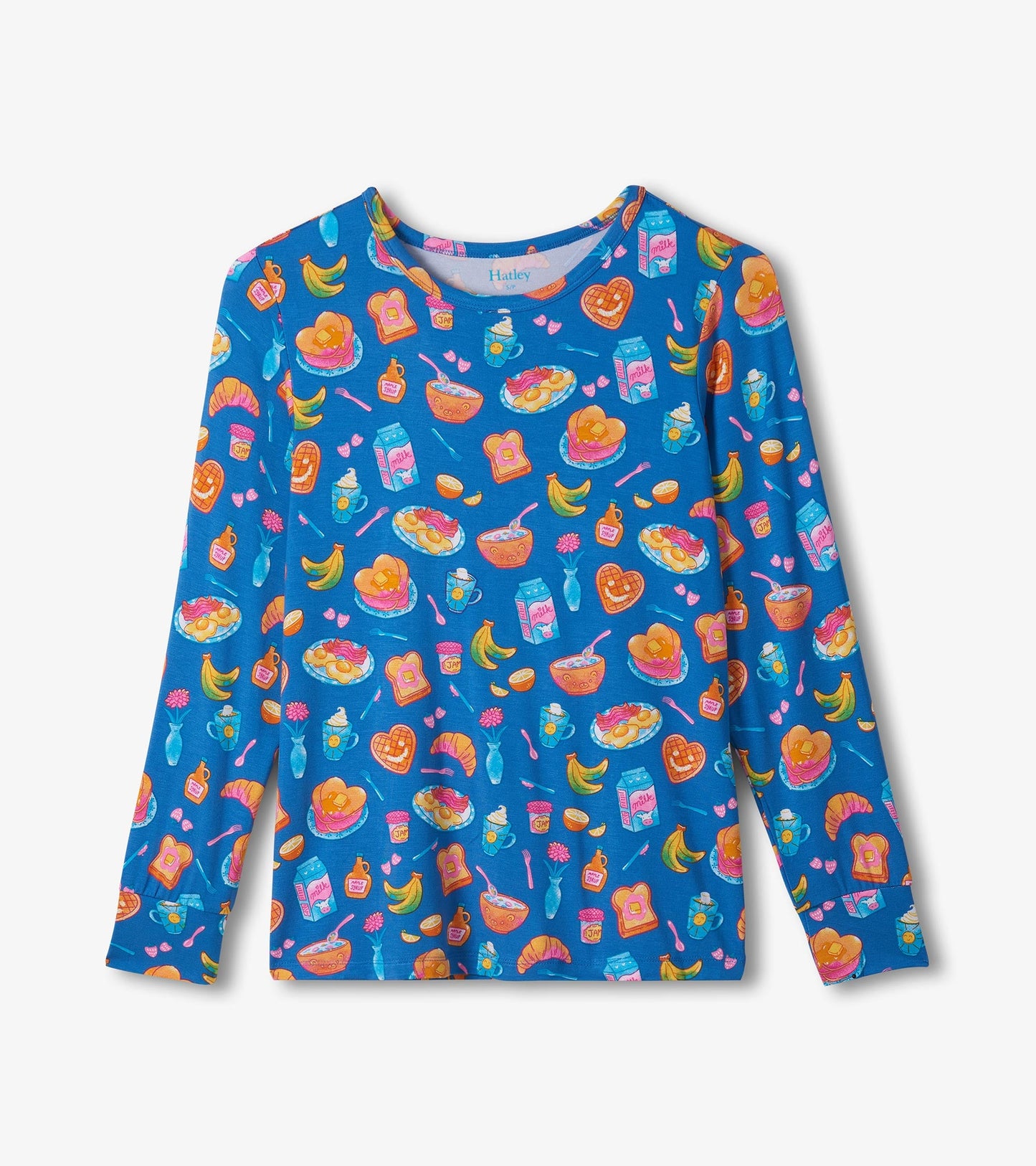 Long-sleeve blue pyjama top featuring a colorful breakfast food print, including pancakes, fruit, and drinks.