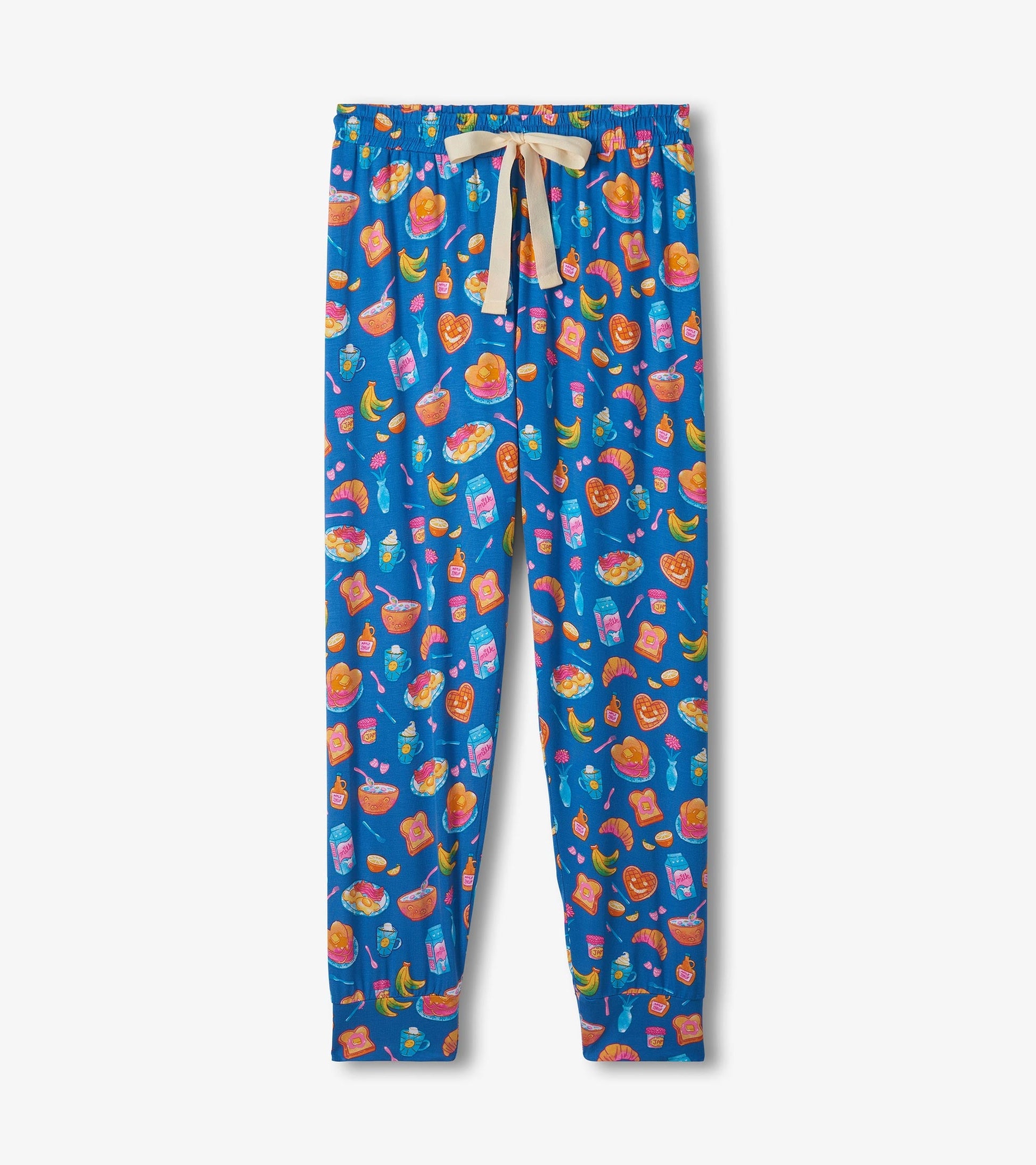 Blue bamboo pajama pants featuring a colorful breakfast-themed print and a drawstring waist.