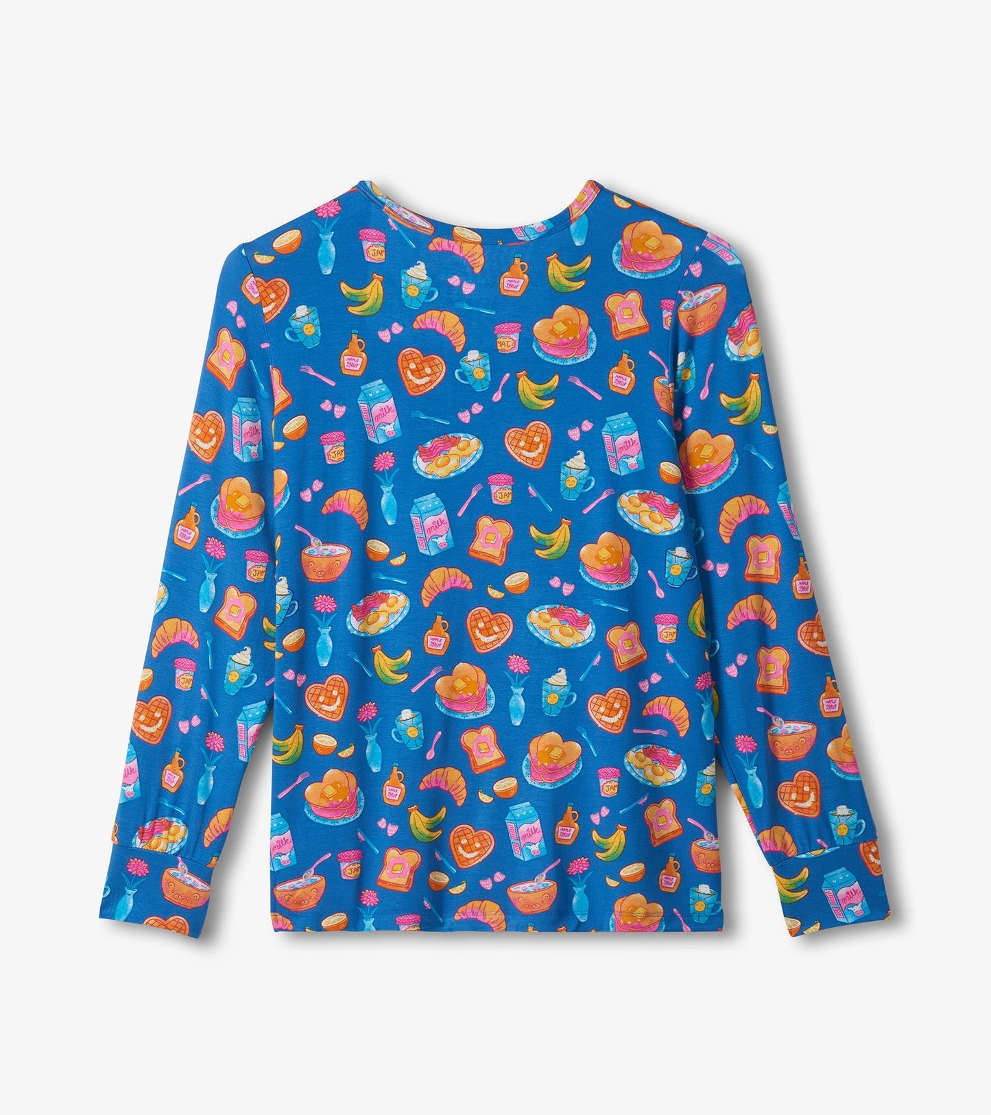 Long-sleeve blue pyjama top featuring a colorful breakfast-themed print with various food items.