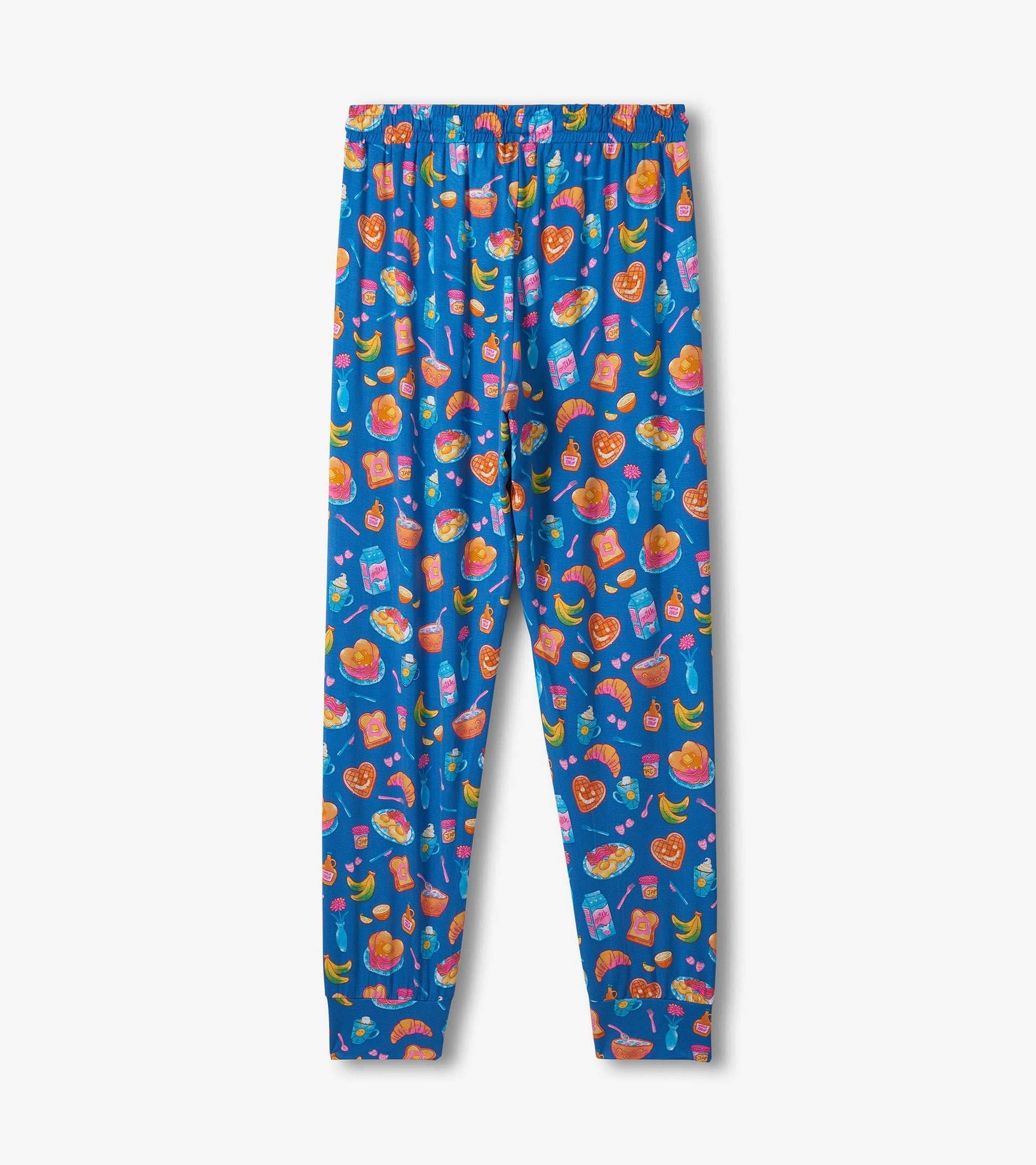 Blue bamboo pajama pants featuring a colorful breakfast-themed print with various food items. Elastic waistband for comfort.