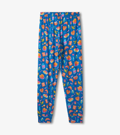 Blue bamboo pajama pants featuring a colorful breakfast-themed print with various food items. Elastic waistband for comfort.