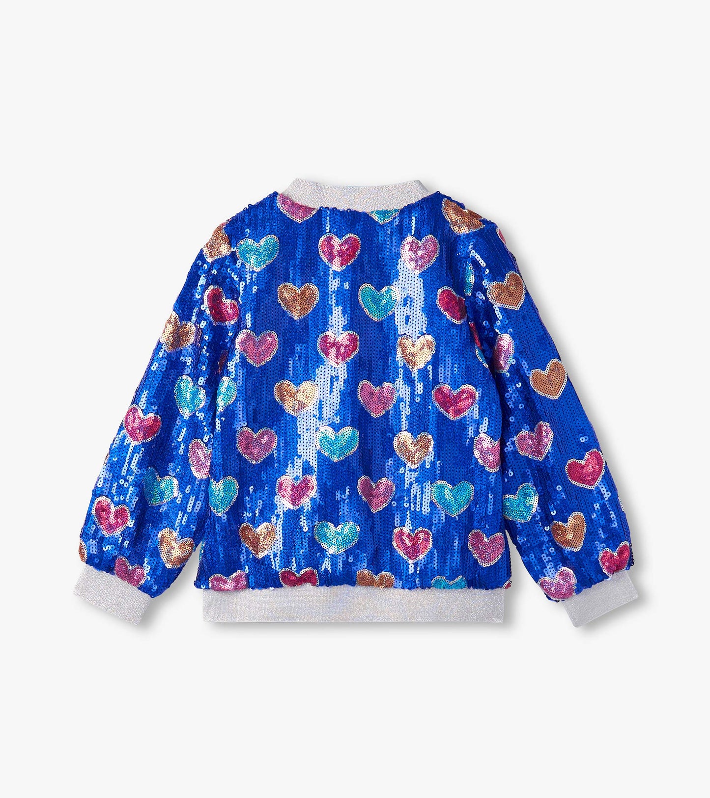 Blue sequin bomber jacket featuring colorful heart patterns and a silver ribbed collar and cuffs.
