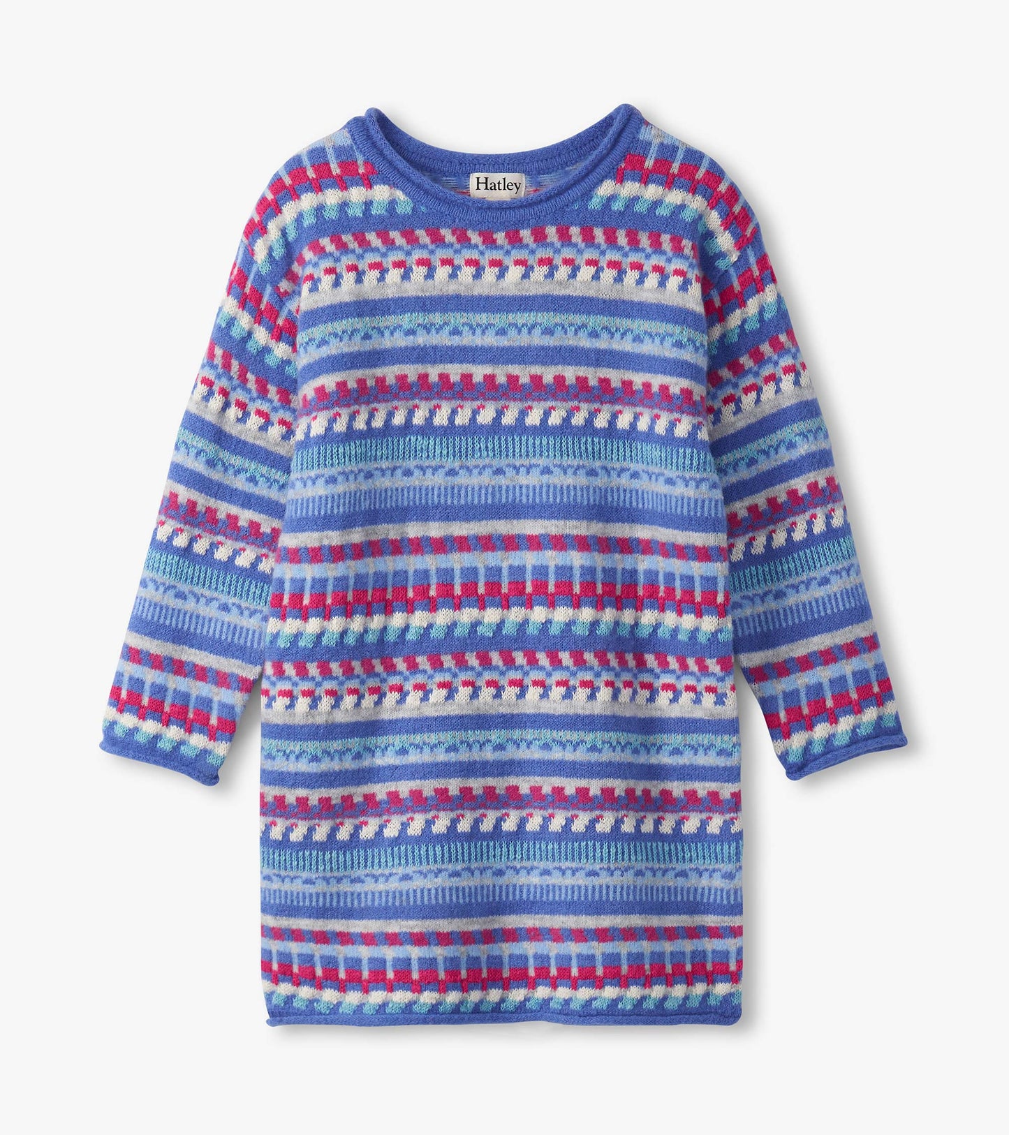 Blueberry striped sweater dress featuring long sleeves and a round neckline, ideal for casual wear.