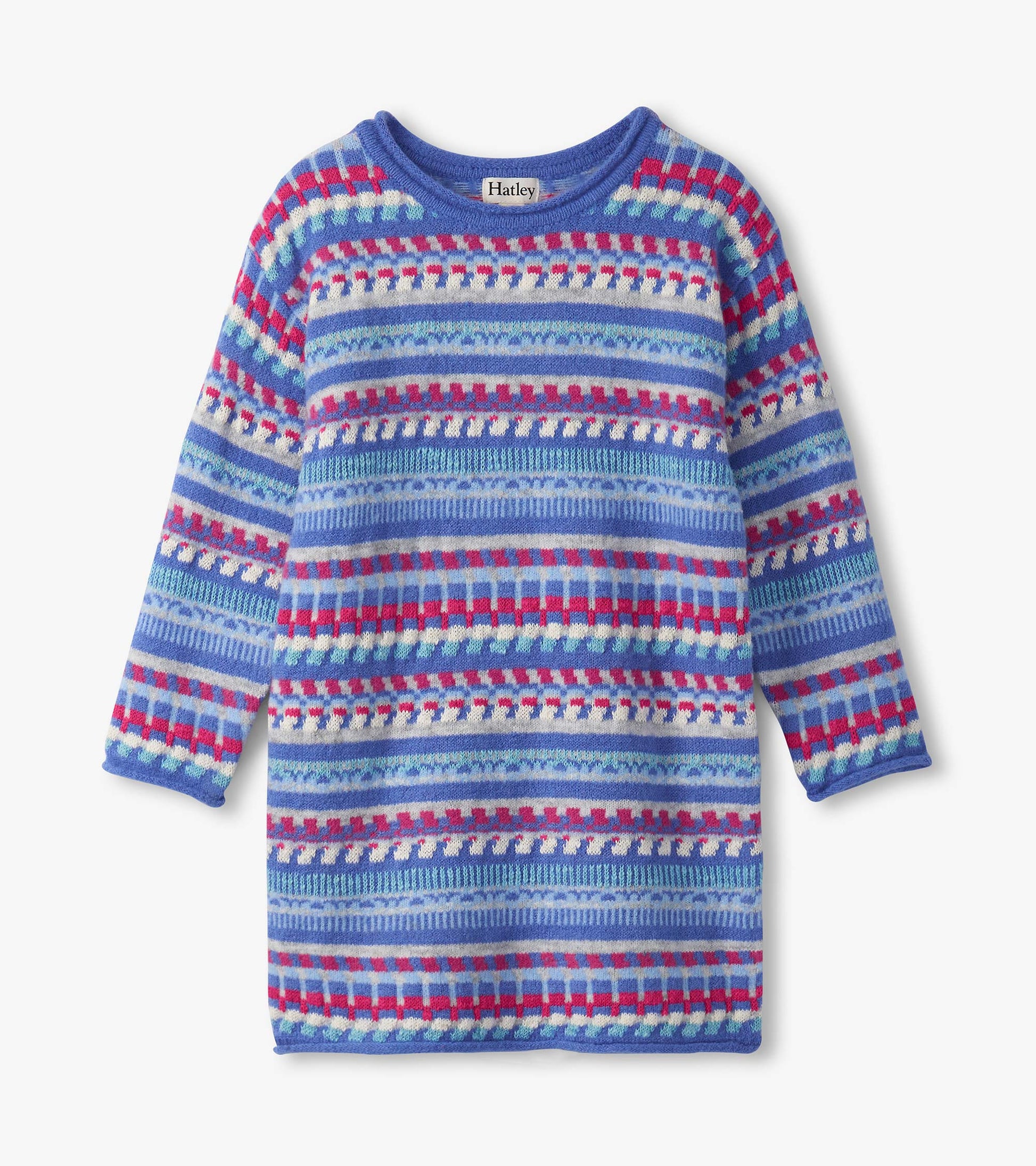 Blueberry striped sweater dress featuring long sleeves and a round neckline, ideal for casual wear.