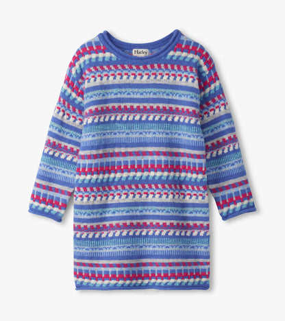 Blueberry striped sweater dress featuring long sleeves and a round neckline, ideal for casual wear.