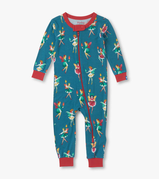 Teal bamboo sleeper featuring colorful fairy prints, long sleeves, and red trim. Zipper closure for easy dressing.