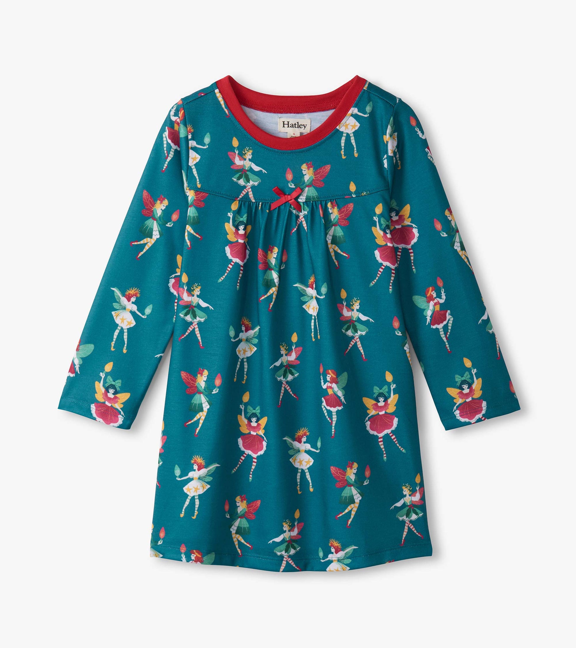 Teal long sleeve nightdress featuring colorful fairy print and a red neckline, perfect for girls.