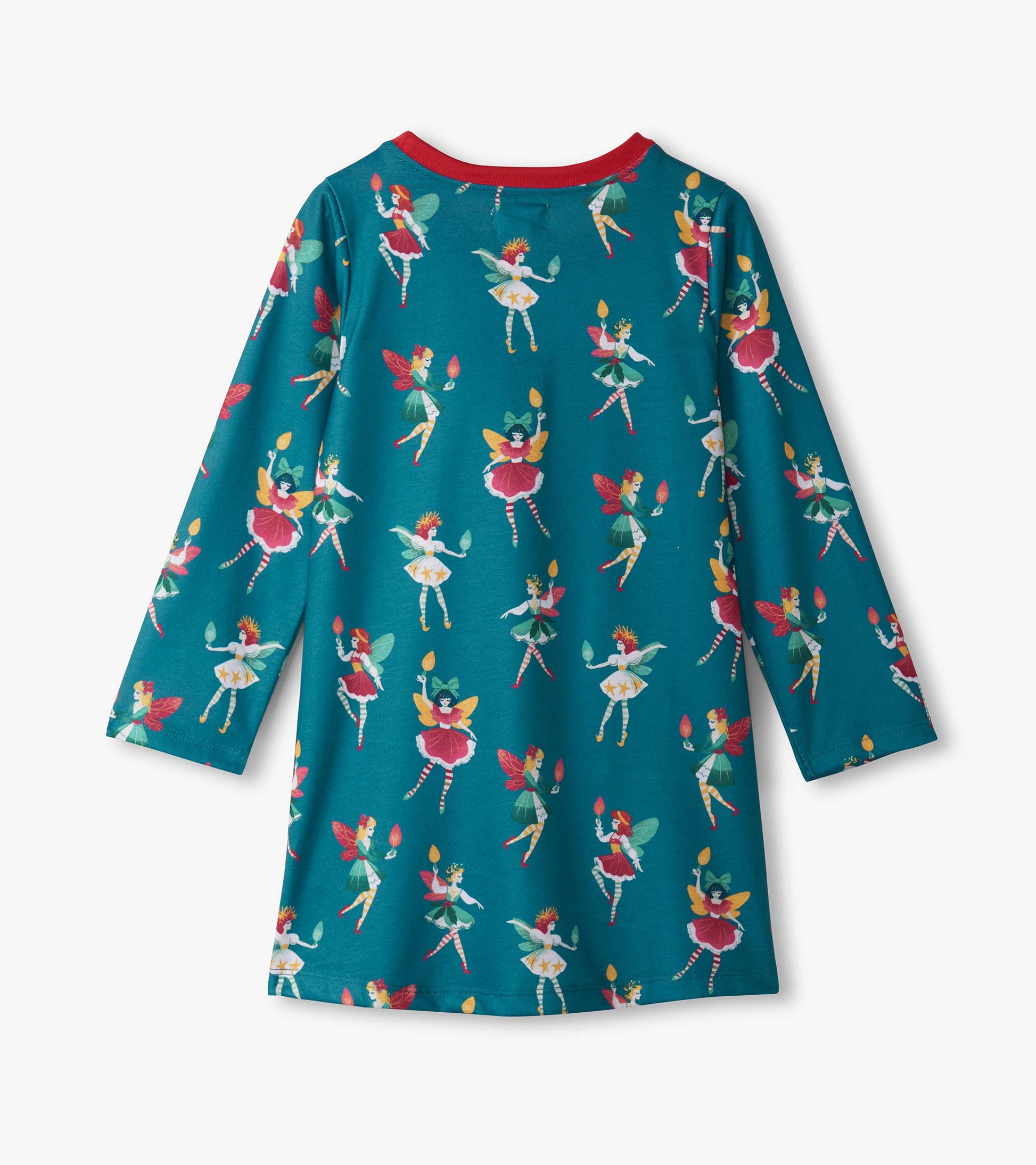 Teal long sleeve nightdress featuring colorful fairy prints and a red neckline, perfect for cozy bedtime wear.