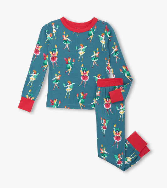Bright teal bamboo pyjama set featuring colorful fairies, long sleeves, and red cuffs, suitable for girls.
