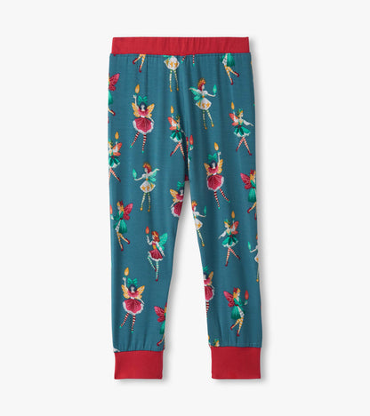 Teal bamboo pajama pants featuring colorful fairy illustrations and a red waistband.