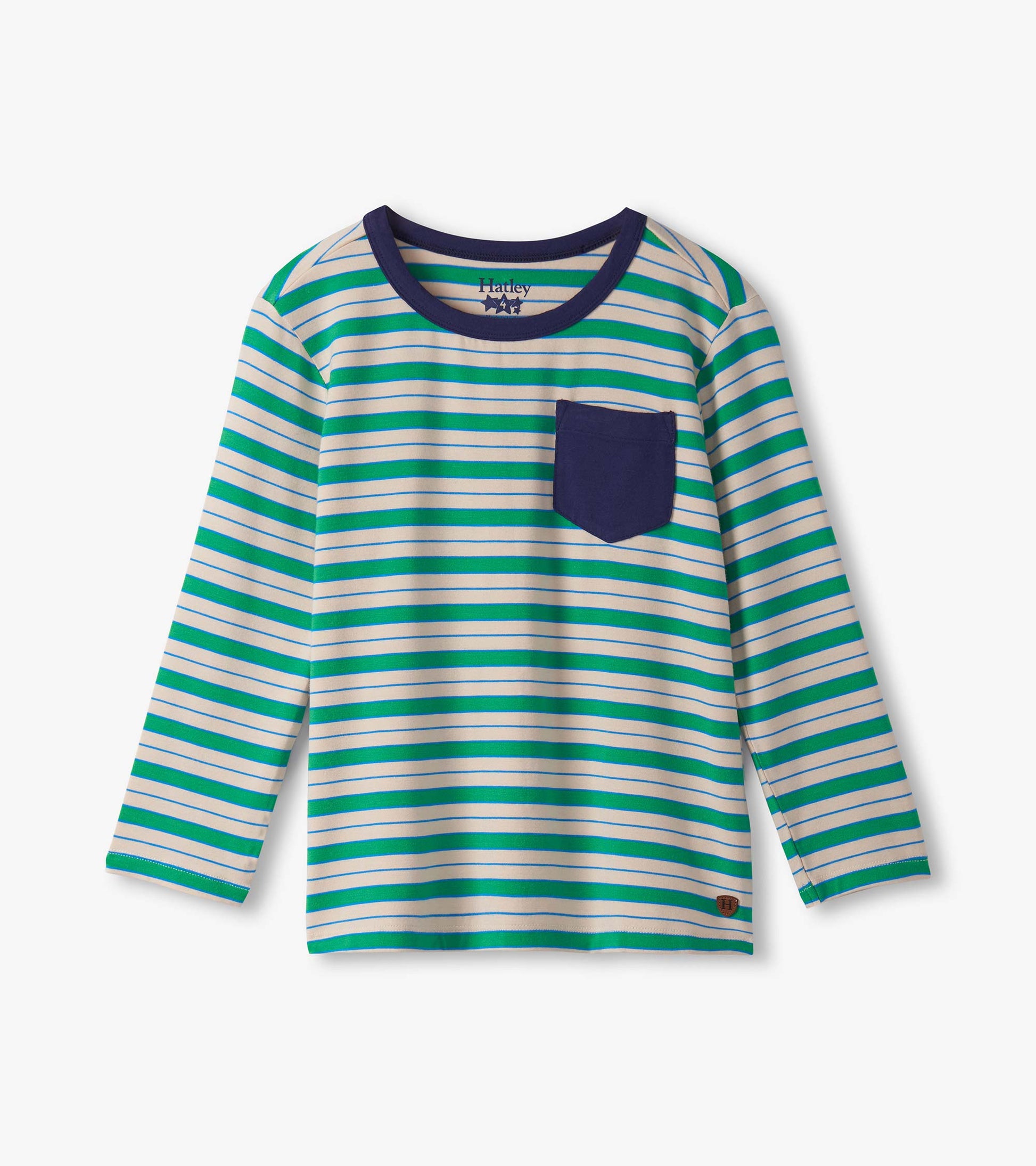 Long sleeve bamboo t-shirt featuring green and navy stripes with a navy pocket on the front.