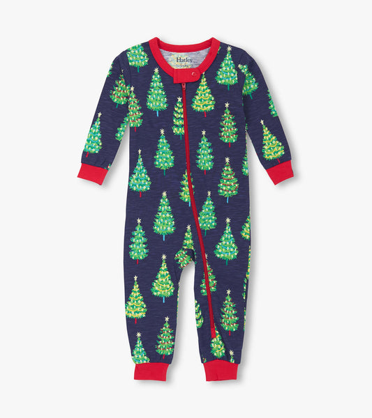Navy cotton sleeper featuring a festive tree pattern, red trim, and a front zipper for easy dressing. Suitable for baby boys.