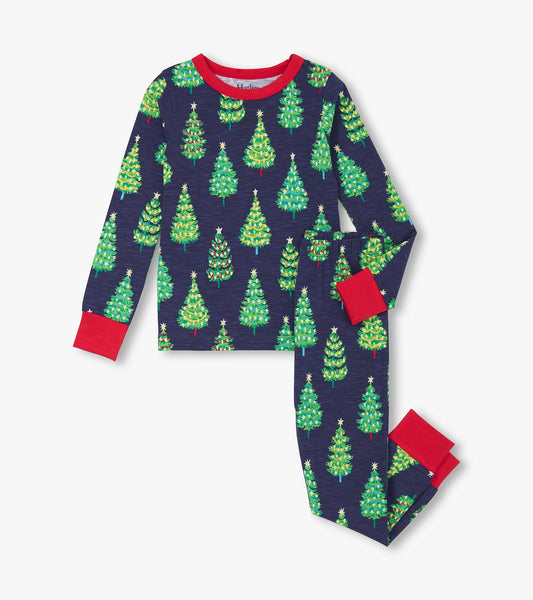 Navy cotton pyjama set featuring colorful bottle brush trees and red cuffs, suitable for boys.