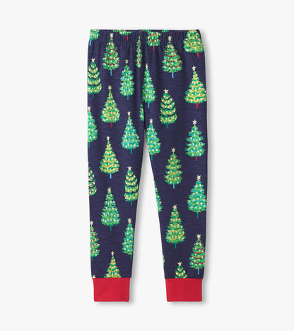 Navy cotton pajama pants featuring a festive pattern of colorful bottle brush trees and red cuffs.