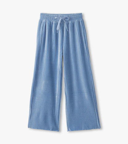 Girls Cornflower Blue Pleated Velour Relaxed Pants