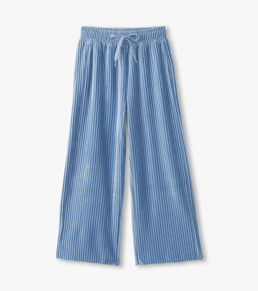 Girls Cornflower Blue Pleated Velour Relaxed Pants