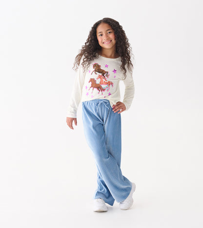 Girls Cornflower Blue Pleated Velour Relaxed Pants