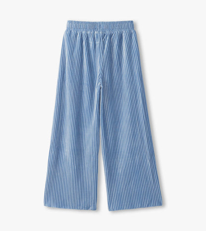 Girls Cornflower Blue Pleated Velour Relaxed Pants