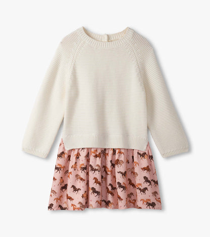 Cream knitted sweater top with a pink skirt featuring a horse print, suitable for baby and toddler girls.