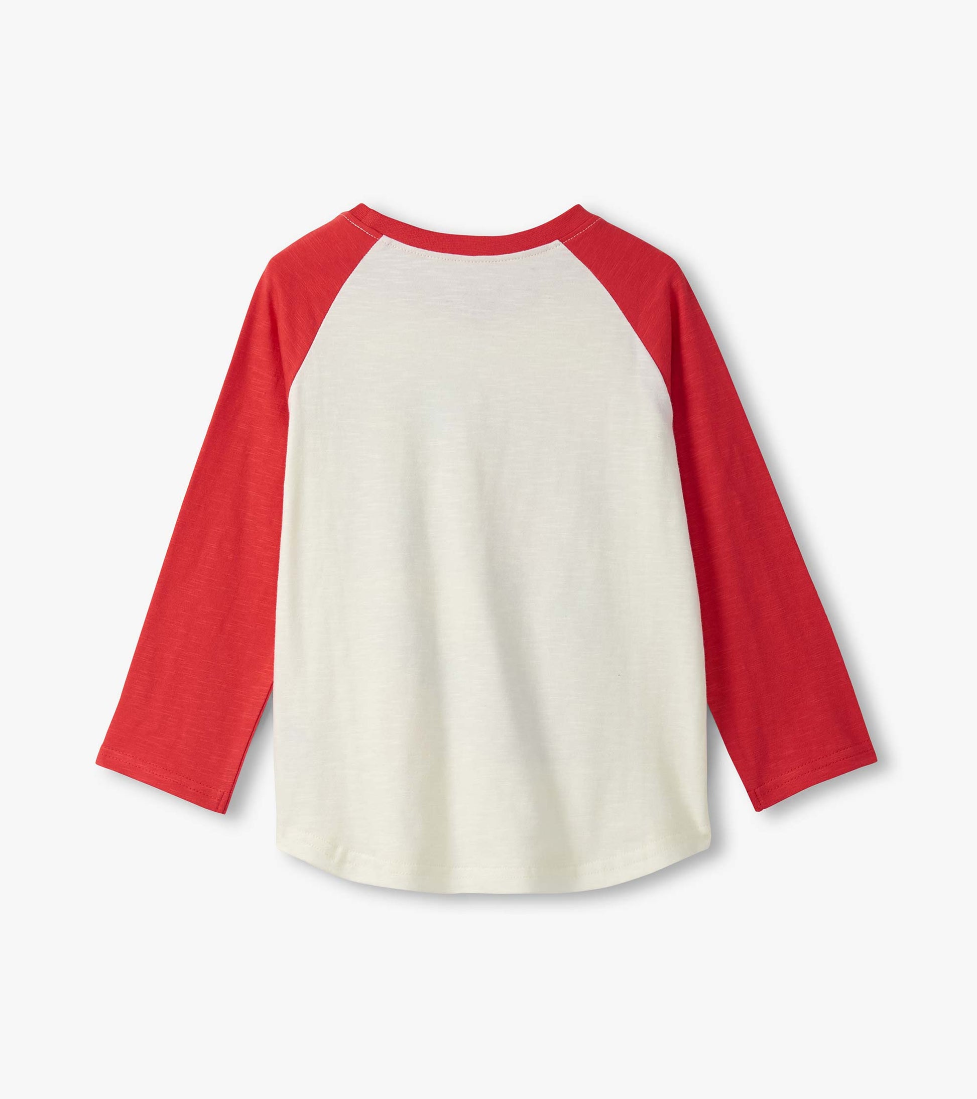 Long sleeve raglan t-shirt featuring red sleeves and a cream body, suitable for boys. Back view shown.