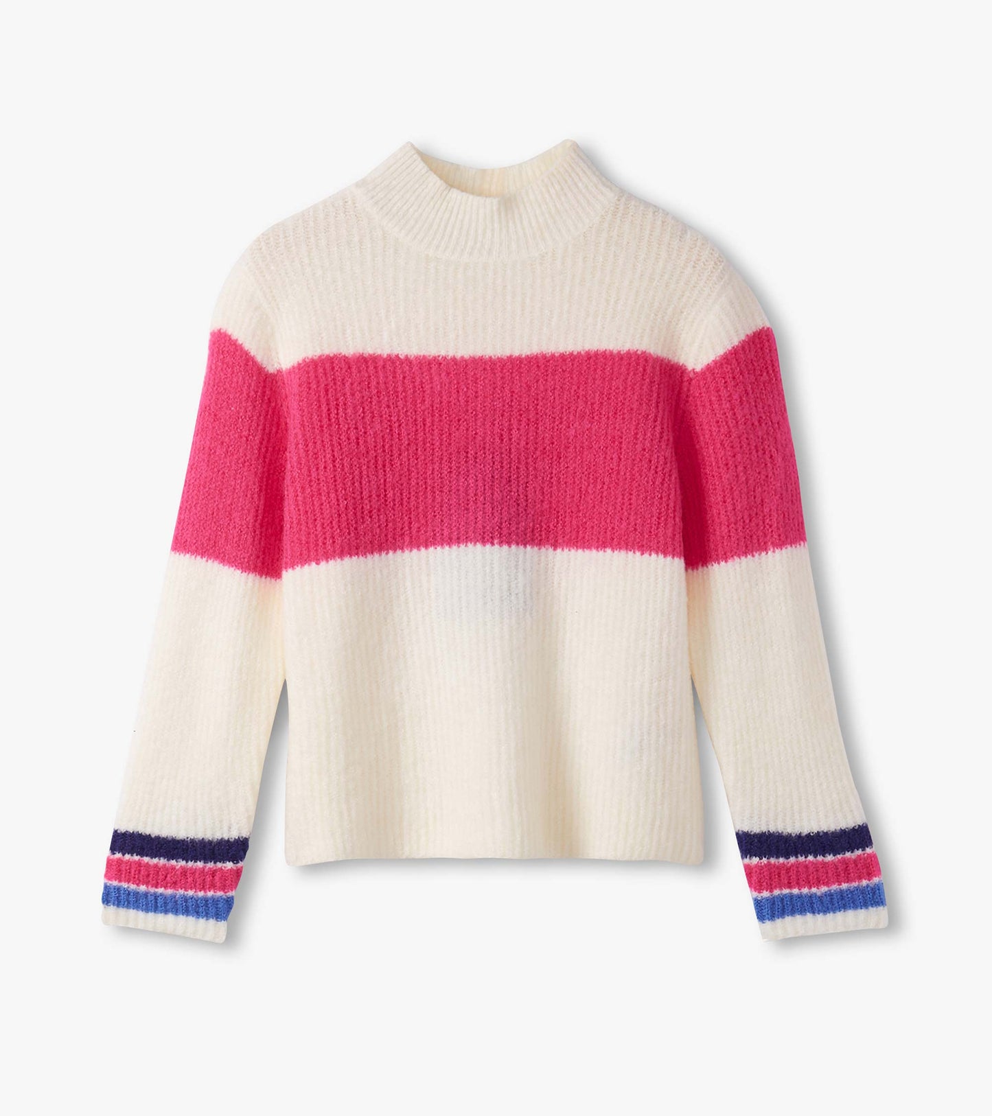 Colourblock mockneck sweater featuring pink and cream stripes with ribbed cuffs in blue, pink, and navy.