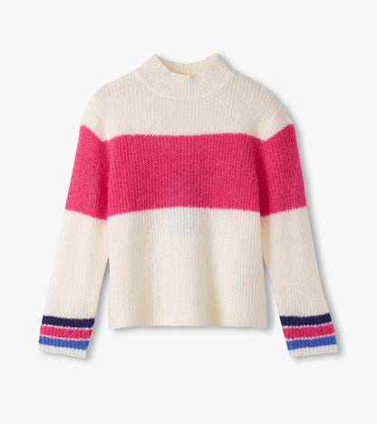 Colourblock mockneck sweater featuring pink and cream stripes with ribbed cuffs in blue, pink, and navy.