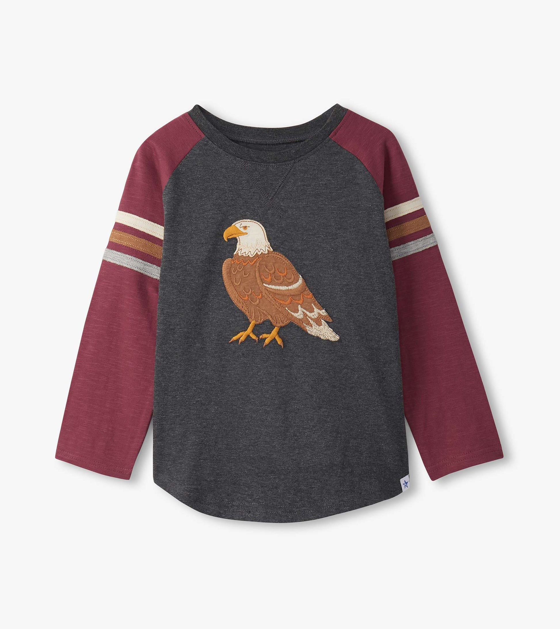 Gray long sleeve raglan t-shirt with maroon sleeves and an embroidered eagle design on the front.