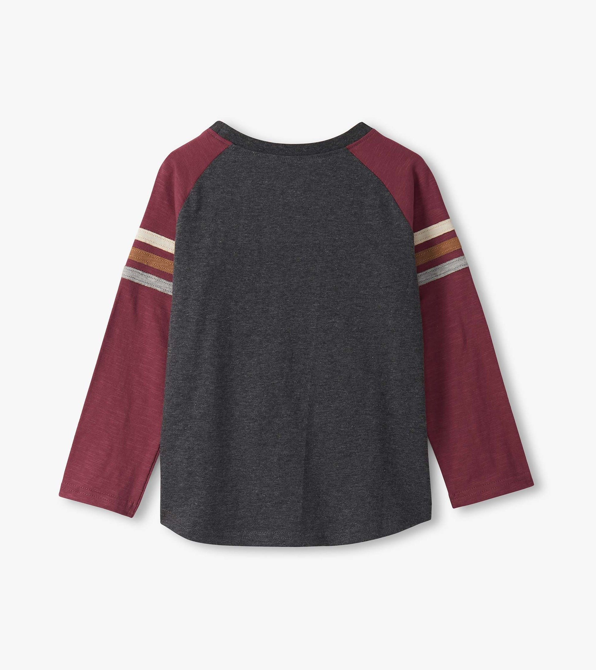 Long sleeve raglan t-shirt featuring a dark gray body and maroon sleeves with striped accents. Back view displayed.