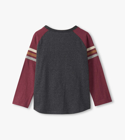 Long sleeve raglan t-shirt featuring a dark gray body and maroon sleeves with striped accents. Back view displayed.