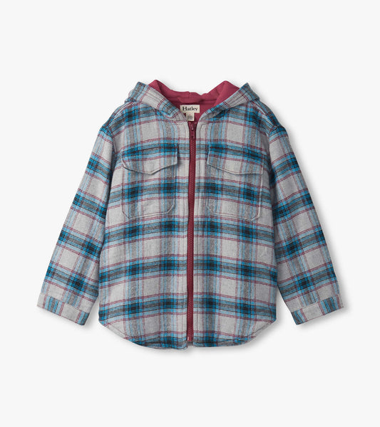 Charcoal and maroon plaid hooded jacket with a zip front and two chest pockets, suitable for boys.