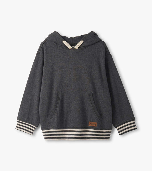 Charcoal melange pullover hoodie with a front pocket and striped cuffs, featuring a drawstring hood.