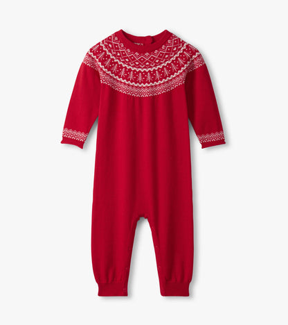 Red Fair Isle sweater romper with long sleeves, featuring a decorative white pattern around the neckline and cuffs.