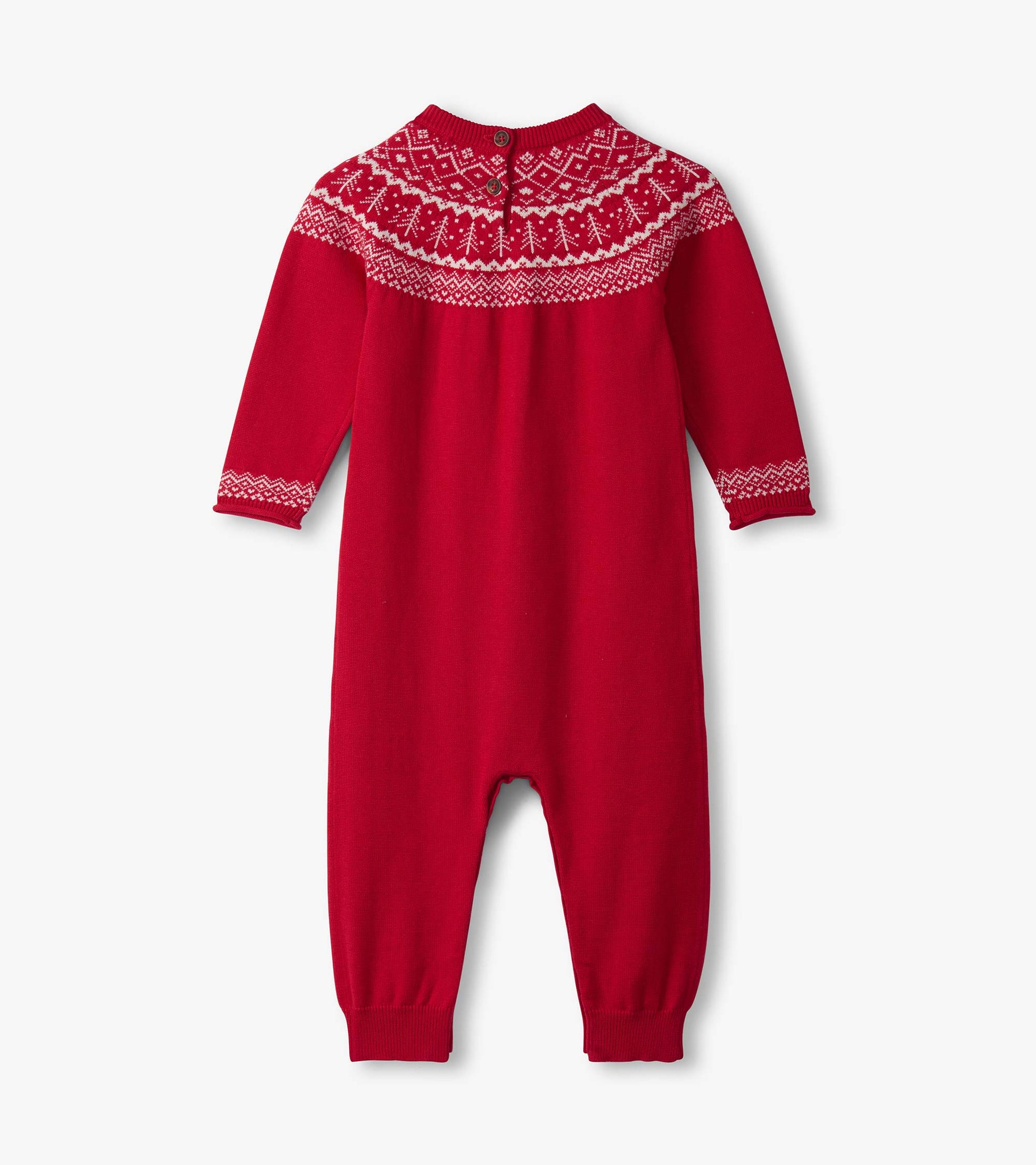 Red Fair Isle sweater romper with long sleeves, decorative knit pattern at the yoke, and button closure at the back.