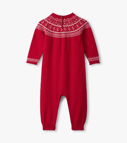 Red Fair Isle sweater romper with long sleeves, decorative knit pattern at the yoke, and button closure at the back.