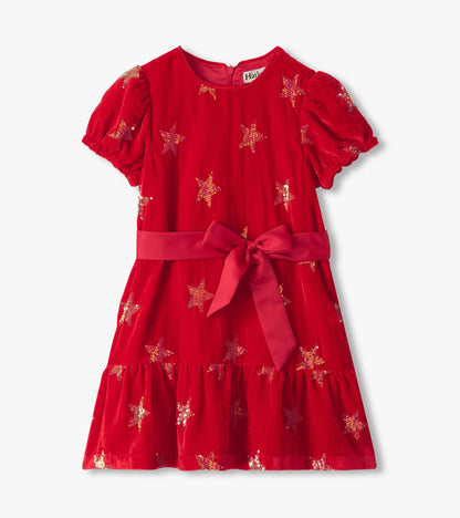 Front view of red Star Sequins Velvet Dress with puff sleeves, sequin stars, waist bow, and tiered skirt