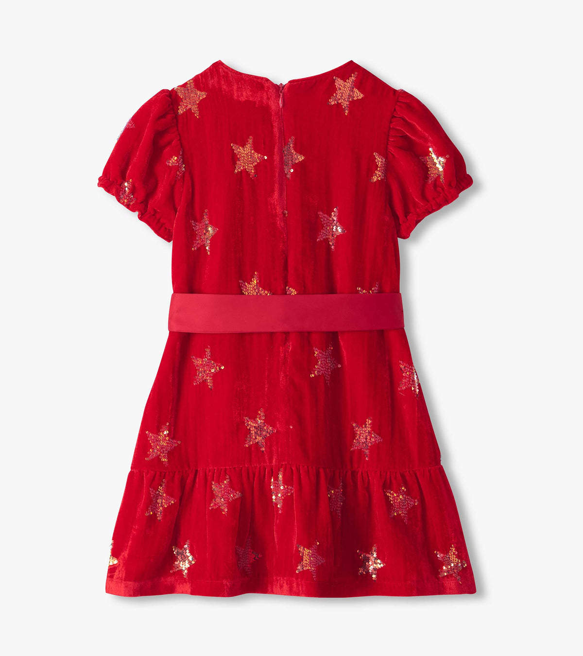Back view of red Star Sequins Velvet Dress with puff sleeves, sequin stars, back zipper, and tiered skirt