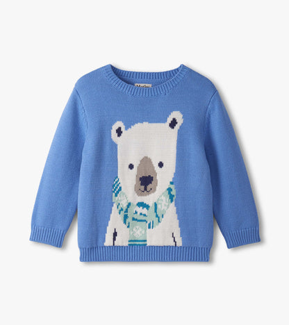 Light blue crew neck sweater featuring a polar bear design with a scarf, suitable for baby and toddler boys.