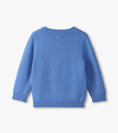 Light blue crew neck sweater for baby and toddler boys, featuring long sleeves and a textured knit design. Back view.