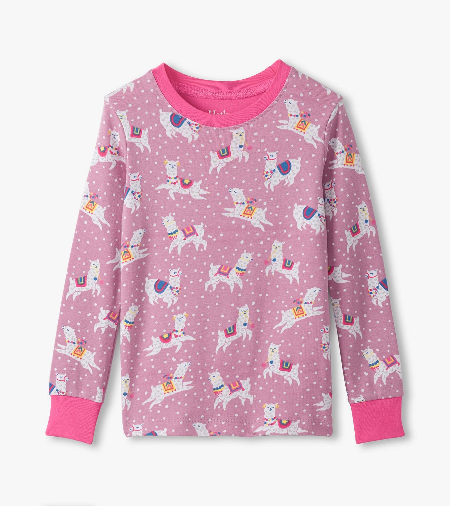 Pink cotton pyjama top featuring playful dancing alpacas and polka dots, with long sleeves and a bright pink neckline.