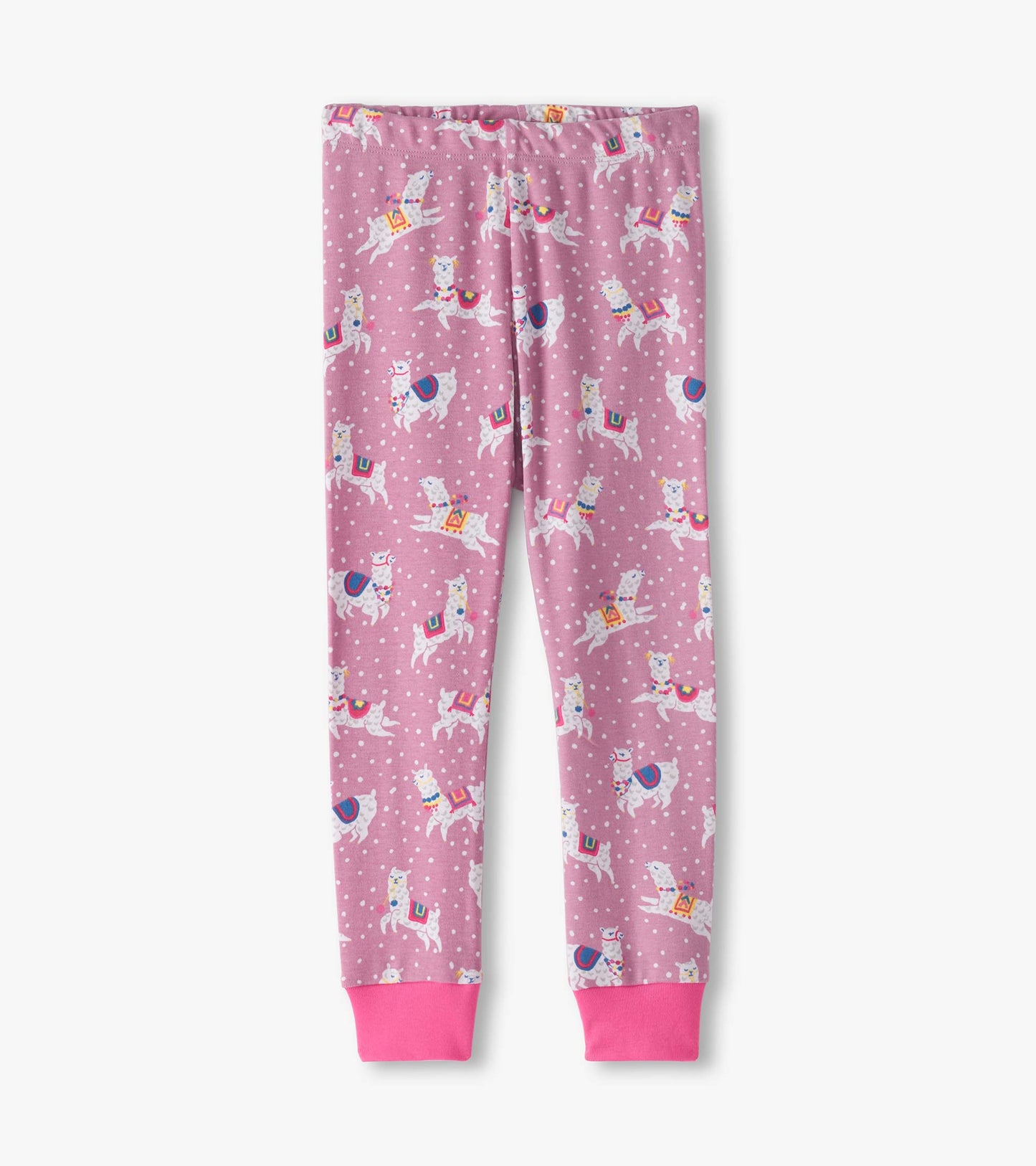 Pink cotton pajama bottoms featuring a playful alpaca print with polka dots and elastic waistband.