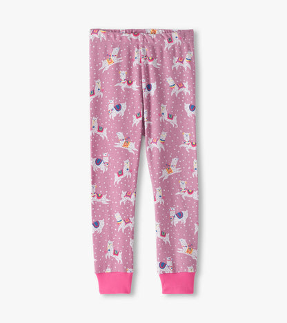 Pink cotton pajama bottoms featuring a playful alpaca print with polka dots and elastic waistband.