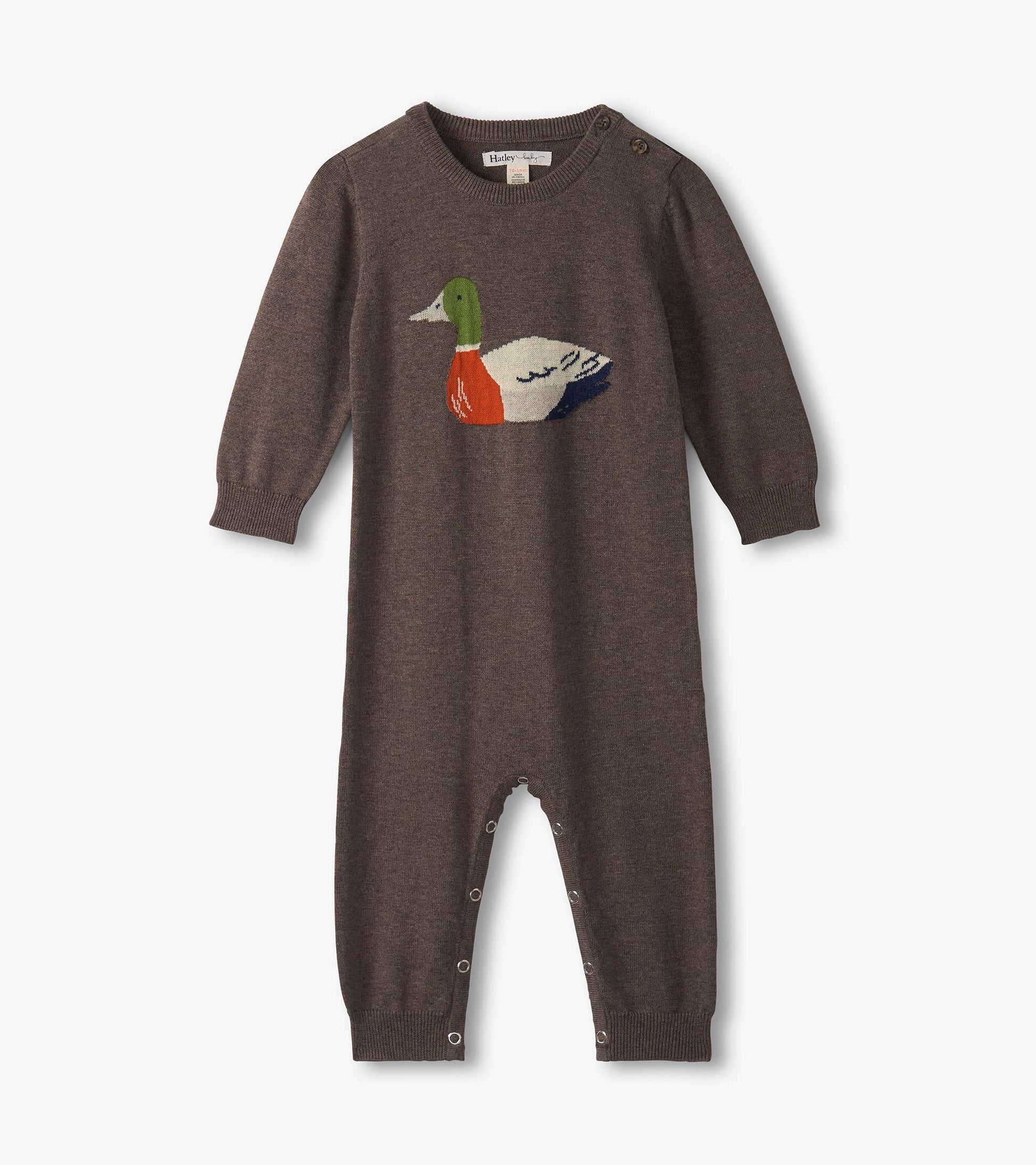 Brown sweater romper featuring an embroidered duck design, with long sleeves and snap closures at the bottom.