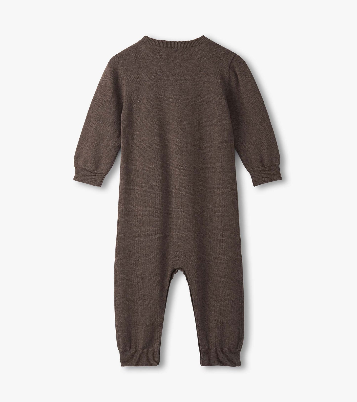 Brown knitted sweater romper with long sleeves and ribbed cuffs, designed for baby boys.
