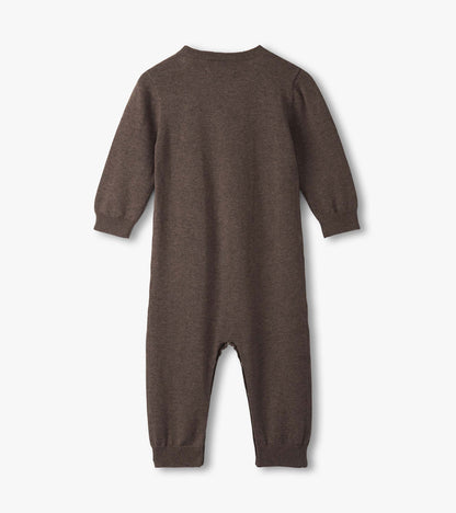 Brown knitted sweater romper with long sleeves and ribbed cuffs, designed for baby boys.