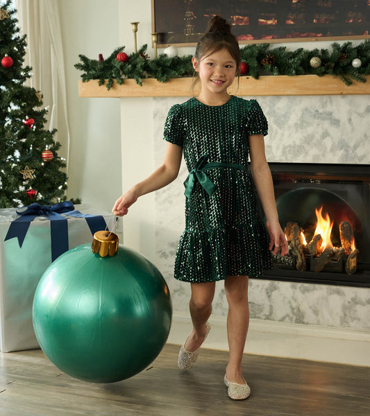 Girls Green Sequins Velvet Dress